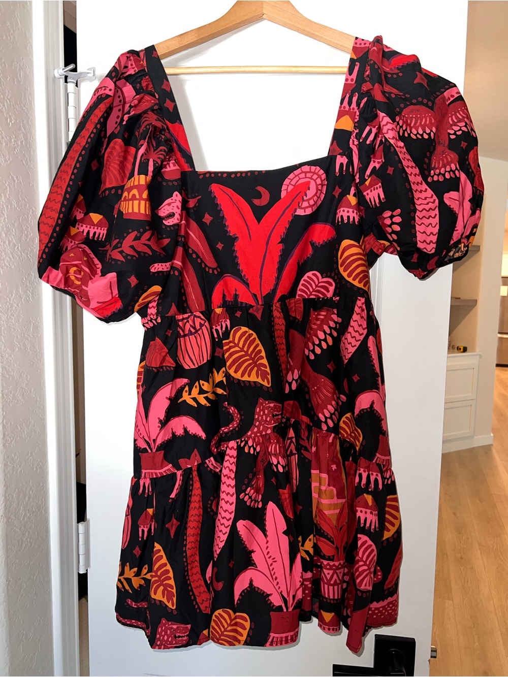 Black Mini Dress with Bold Pink & Red Tropical Print